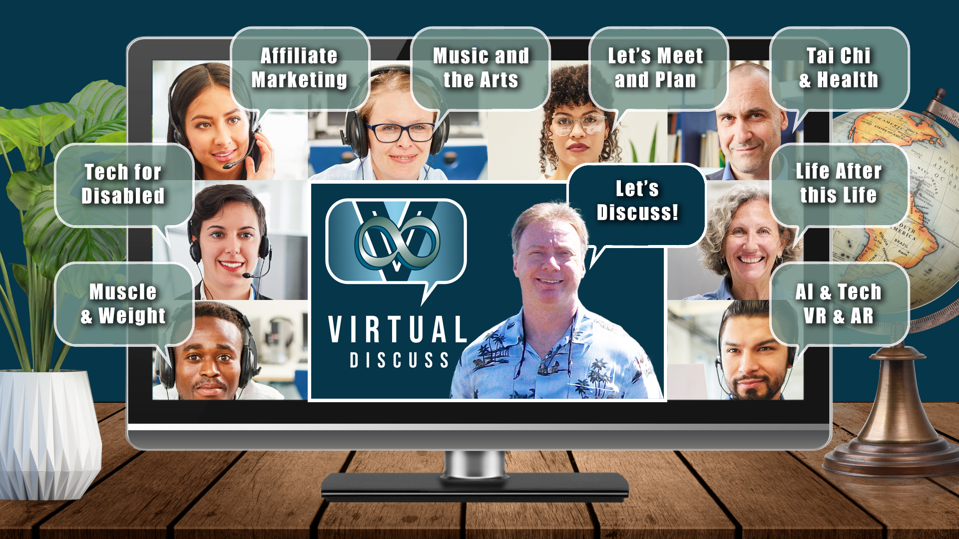 A group on a virtual meeting screen with callouts for various topics